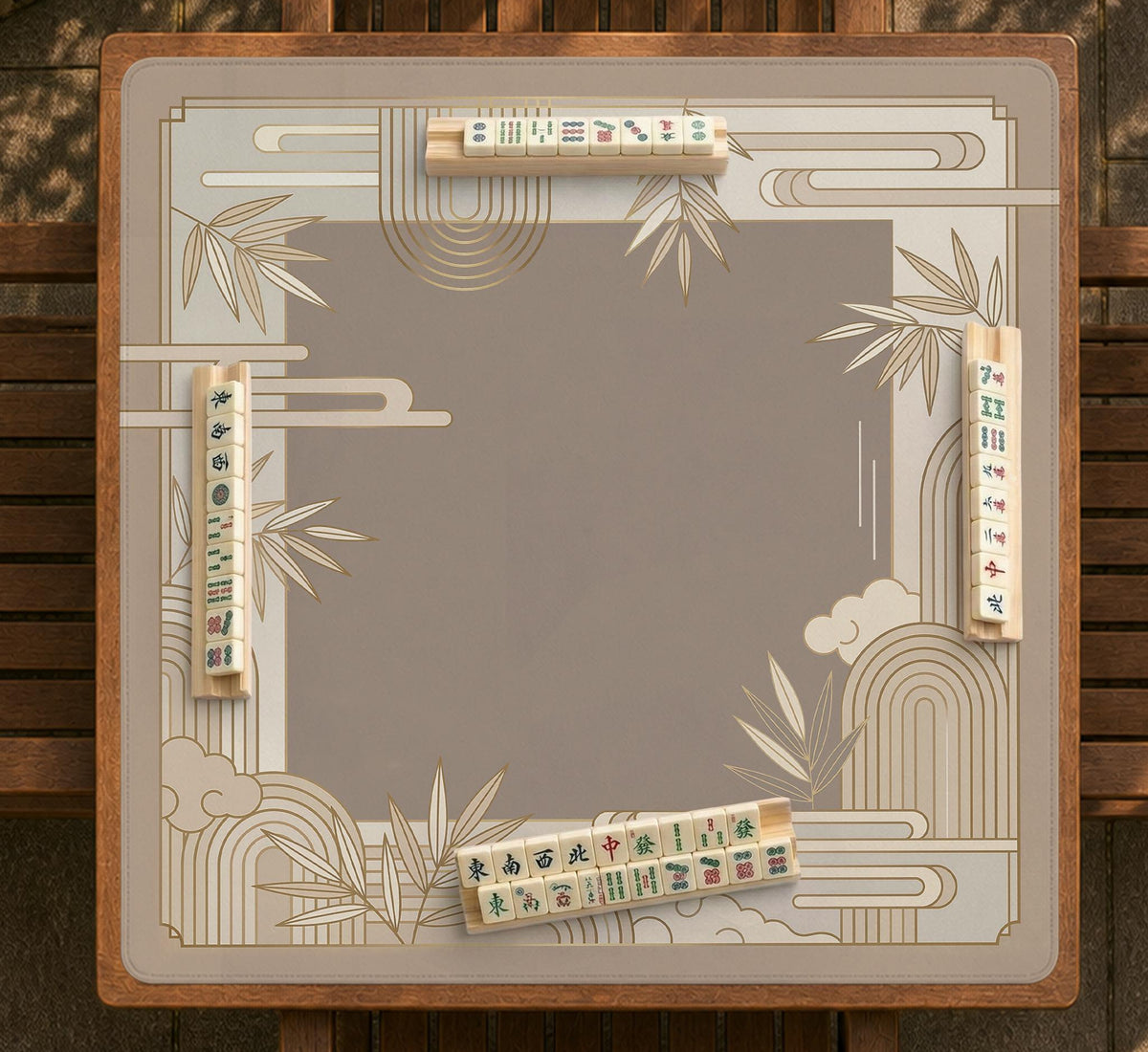 Beige and gold square mahjong mat with a bamboo pattern and geometric border.