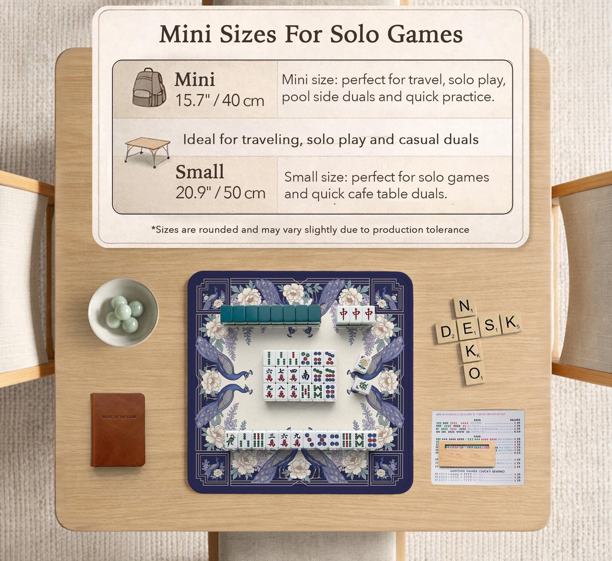 Blue mahjong table mat with a peacock and floral border, ivory center, lavender flowers, and scalloped edges.