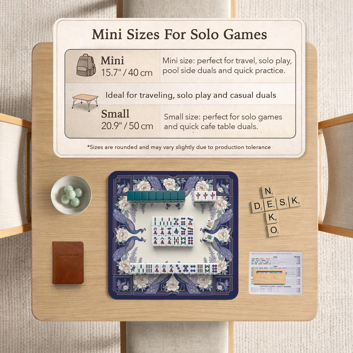 Blue mahjong table mat with a peacock and floral border, ivory center, lavender flowers, and scalloped edges.