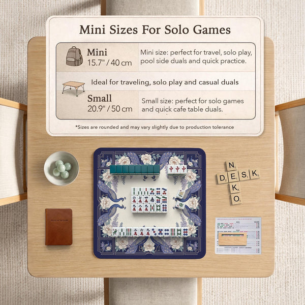Blue mahjong mat with a floral peacock border and an open center area for tile play.