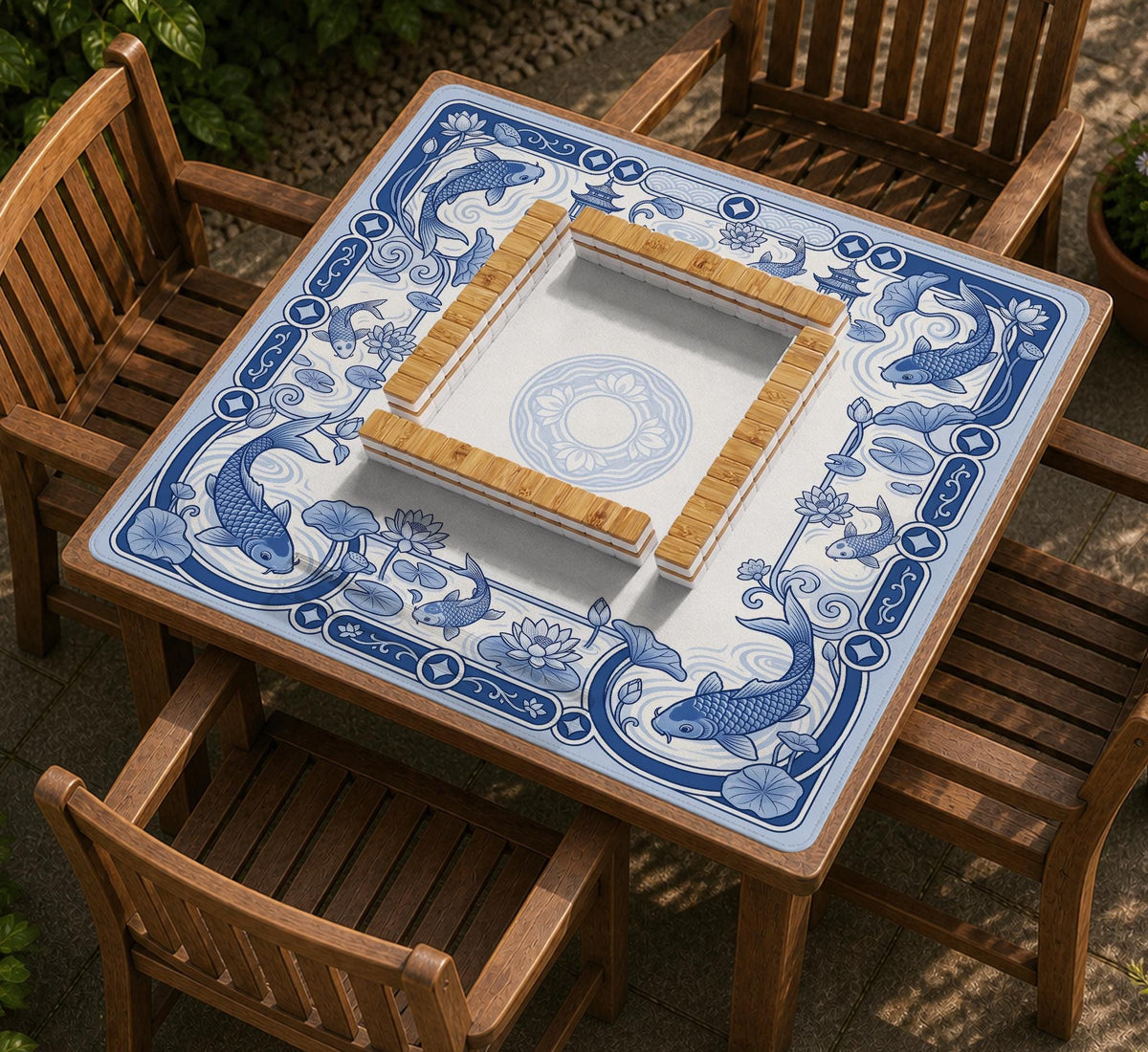 Blue and white square mahjong mat with a koi fish and lotus border design and a plain center area.
