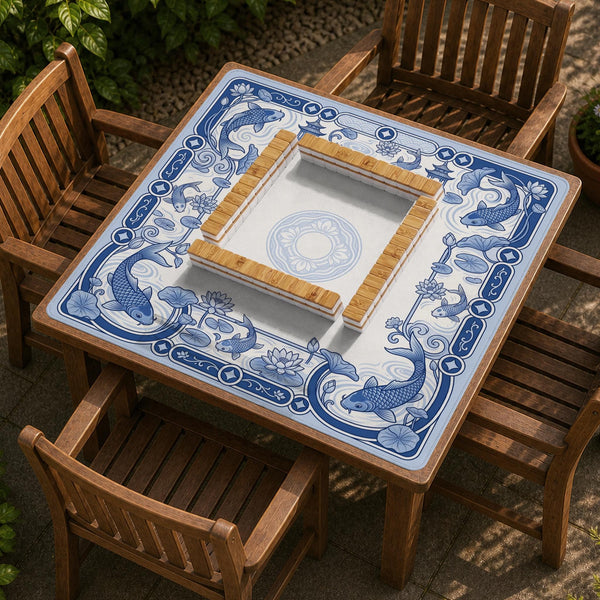 Blue and white square mahjong mat with a koi fish and lotus border design and a plain center area.