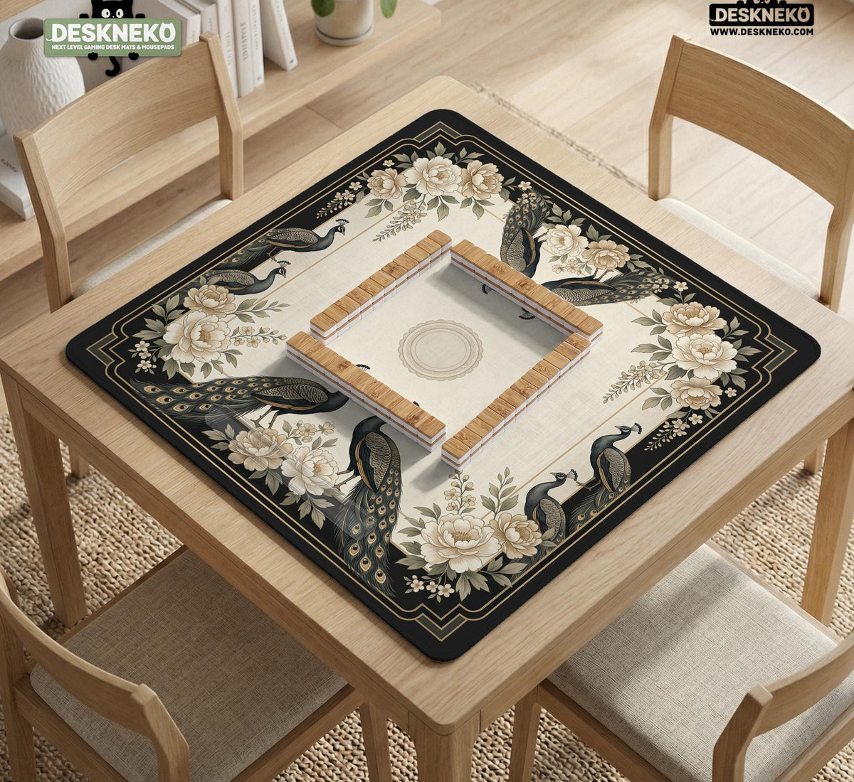 Cream mahjong table mat with a chinoiserie floral border, dark peacocks, soft gold linework, and an open center area.