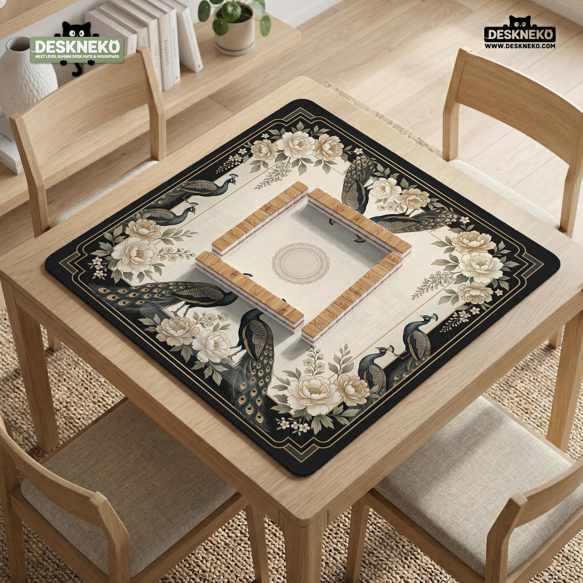 Square ivory mahjong mat with a black peacock border, cream flowers, and gold accent details.