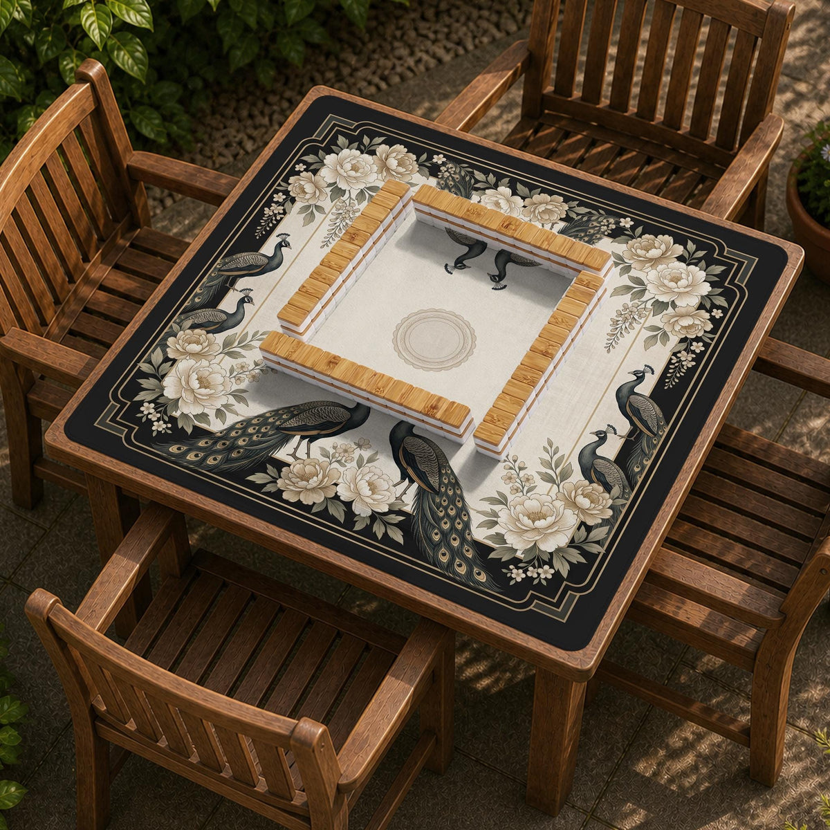 Cream mahjong table mat with a chinoiserie floral border, dark peacocks, soft gold linework, and an open center area.