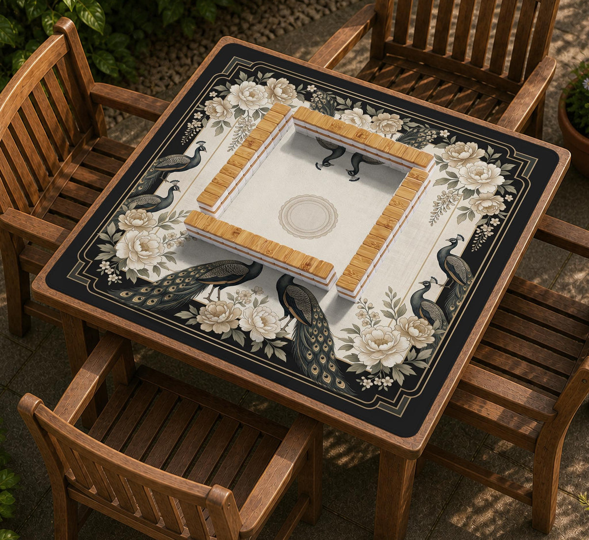 Square ivory mahjong mat with a black peacock border, cream flowers, and gold accent details.