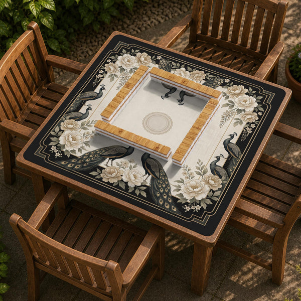 Square ivory mahjong mat with a black peacock border, cream flowers, and gold accent details.