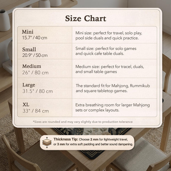 Square ivory mahjong mat with a black peacock border, cream flowers, and gold accent details.