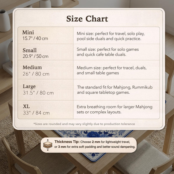 Square blue and white mahjong mat with peonies, cranes, pagoda accents, and chinoiserie linework around a plain center.