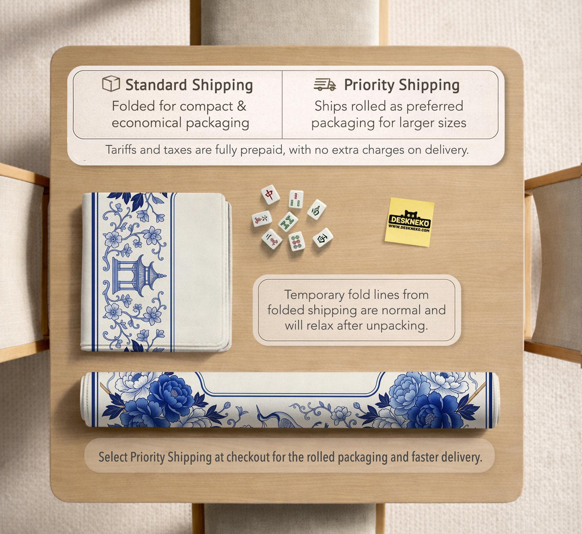 Square blue and white mahjong mat with peonies, cranes, pagoda accents, and chinoiserie linework around a plain center.
