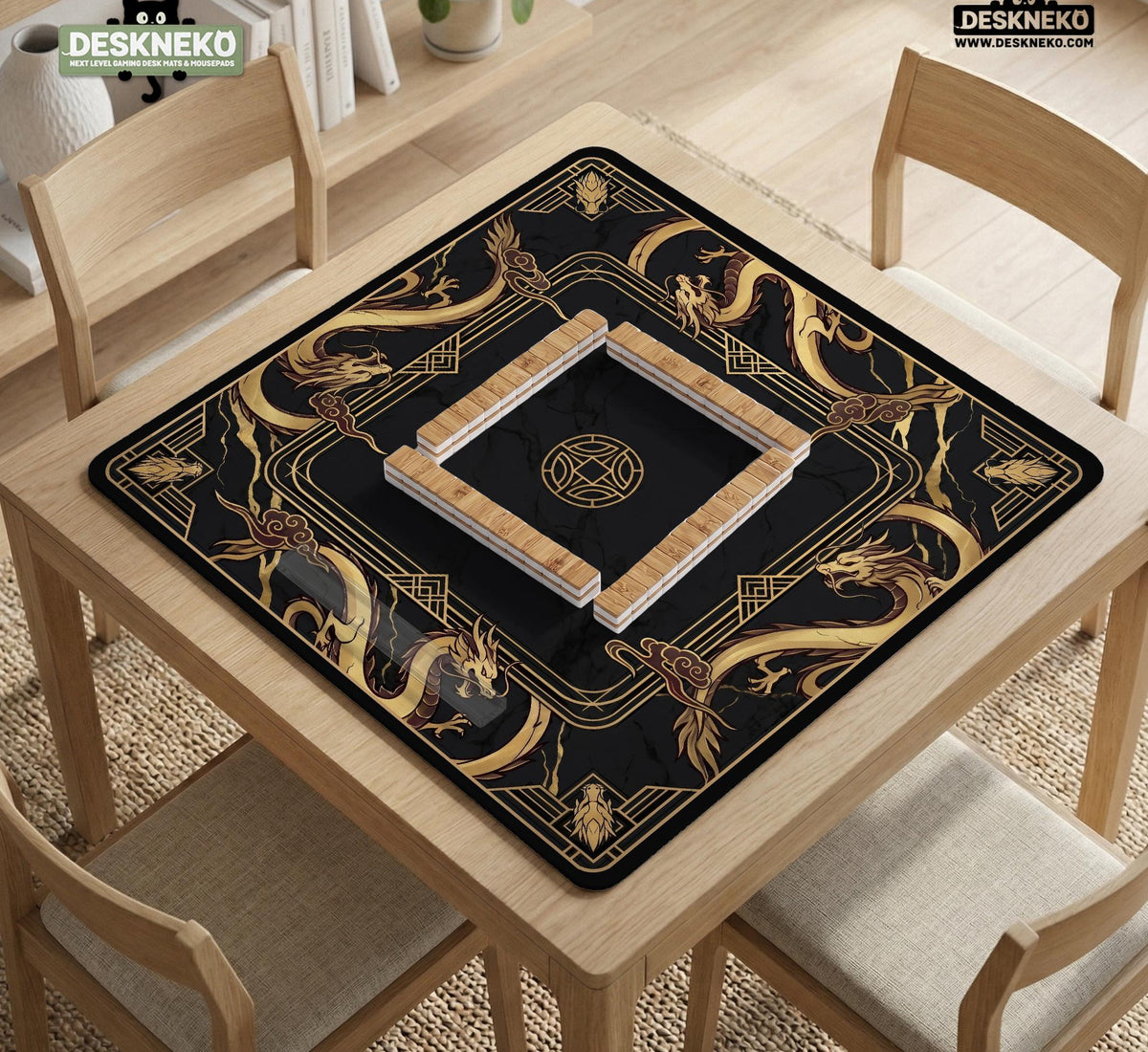 Black mahjong table mat with a gold dragon border, gold geometric corner details, and a clear center play area.