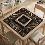 Black mahjong table mat with a gold dragon border, gold geometric corner details, and a clear center play area.