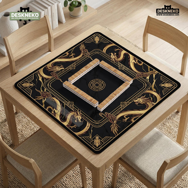 Square black mahjong mat with gold dragon artwork around the border and a light marble texture in the center.