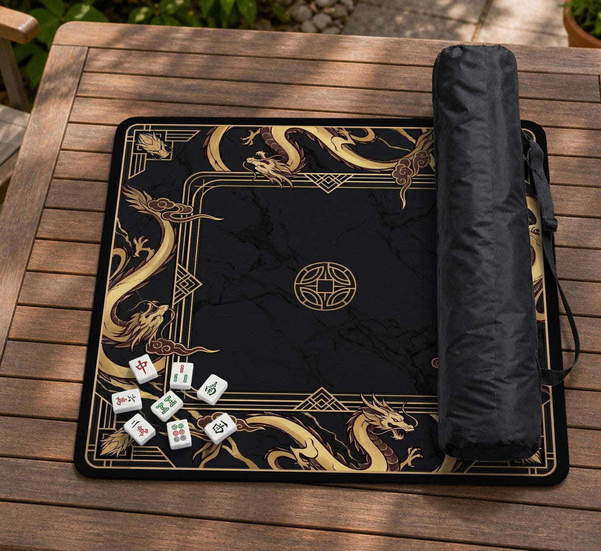 Square black mahjong mat with gold dragon artwork around the border and a light marble texture in the center.