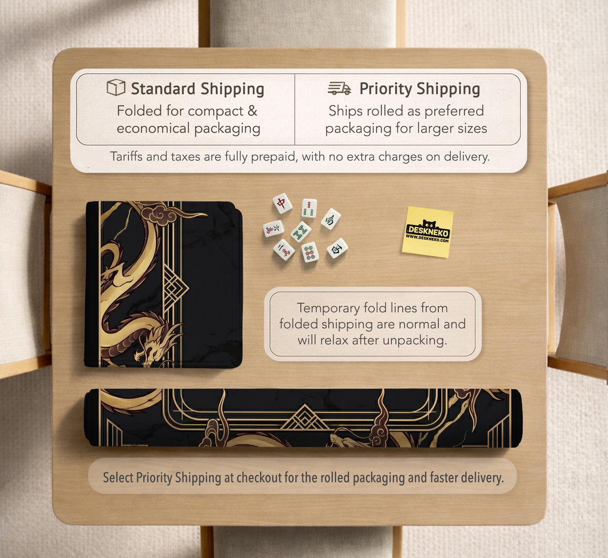 Square black mahjong mat with gold dragon artwork around the border and a light marble texture in the center.
