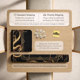 Square black mahjong mat with gold dragon artwork around the border and a light marble texture in the center.