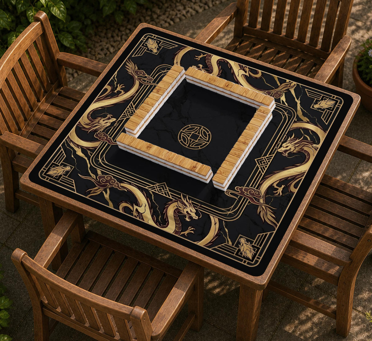 Black mahjong table mat with a gold dragon border, gold geometric corner details, and a clear center play area.
