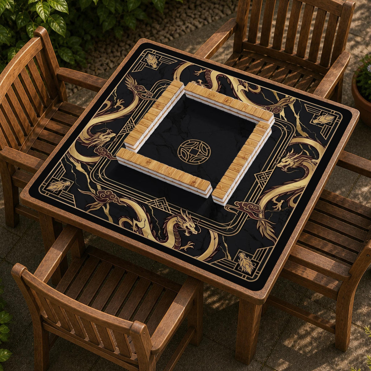 Square black mahjong mat with gold dragon artwork around the border and a light marble texture in the center.