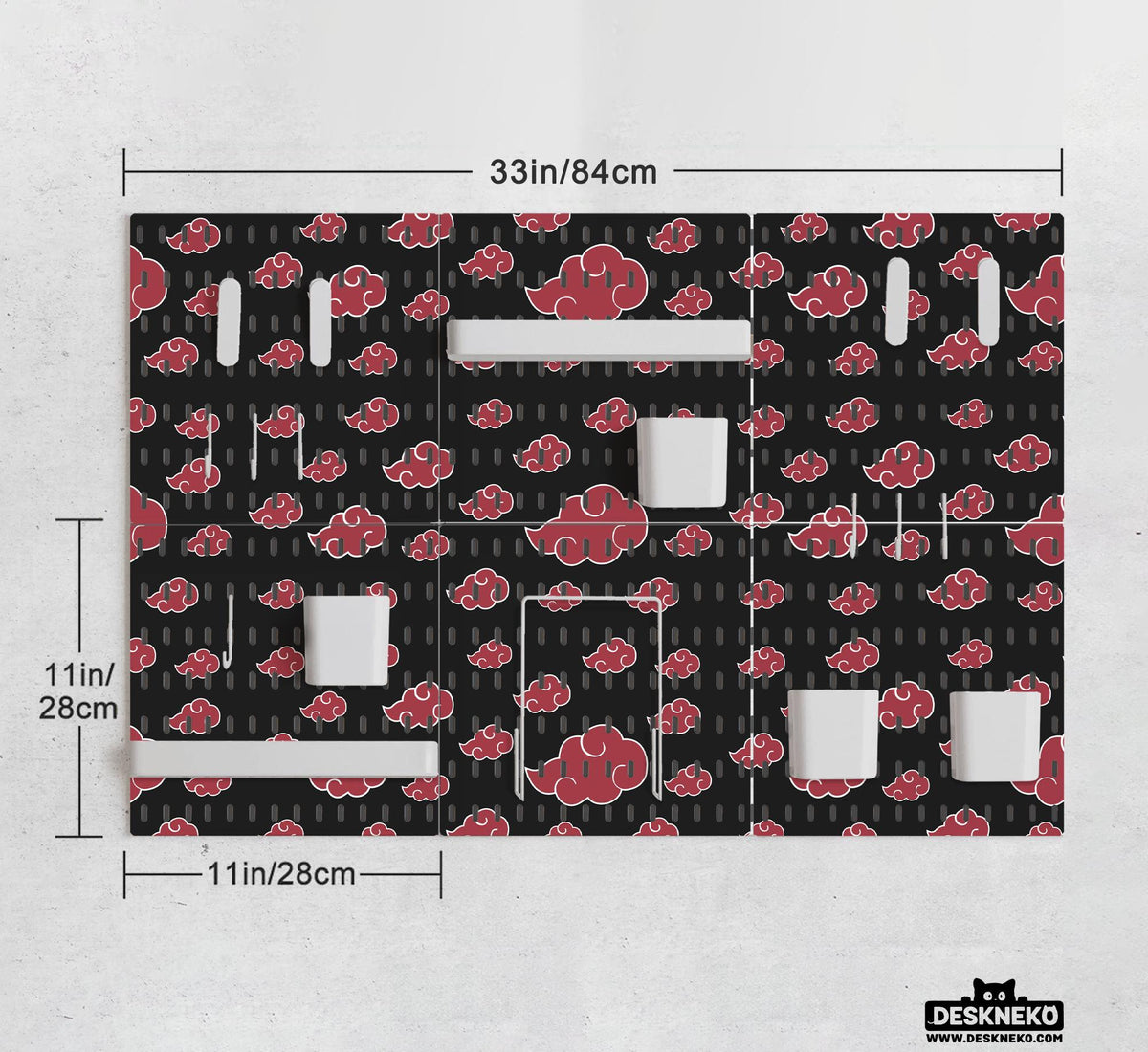 Black pegboard panels with red cloud pattern, shown with hooks, shelves, containers, clips, and a letter holder.