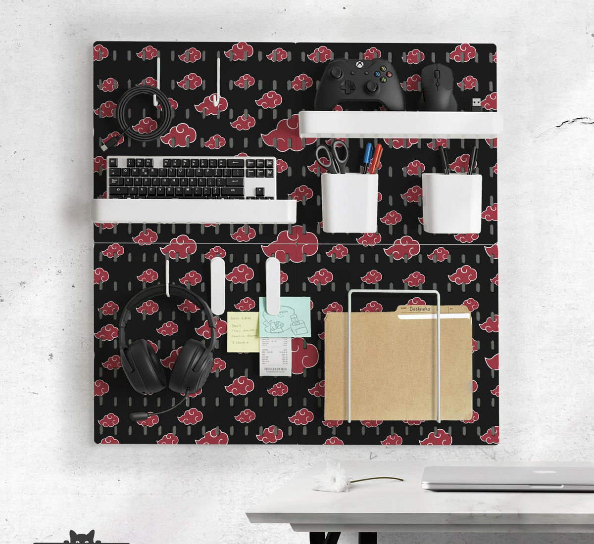 Black pegboard panels with red cloud pattern, shown with hooks, shelves, containers, clips, and a letter holder.