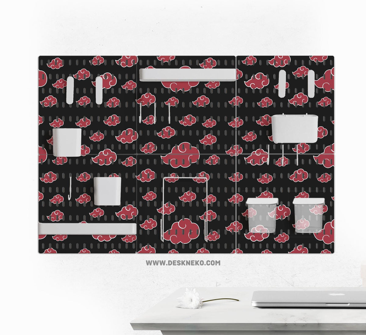 Black pegboard panels with red cloud pattern, shown with hooks, shelves, containers, clips, and a letter holder.