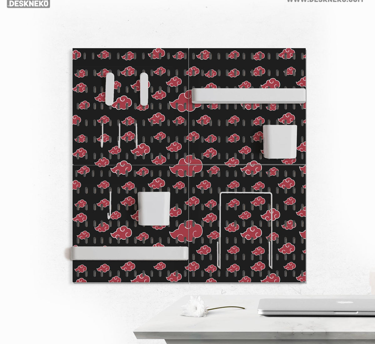 Black pegboard panels with red cloud pattern, shown with hooks, shelves, containers, clips, and a letter holder.