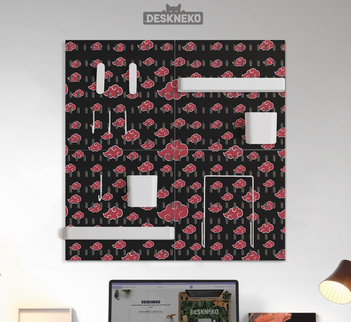 Black pegboard panels with red cloud pattern, shown with hooks, shelves, containers, clips, and a letter holder.