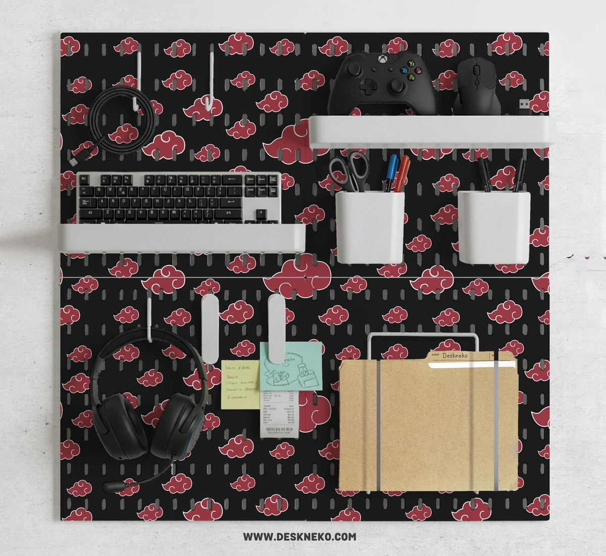 Black pegboard panels with red cloud pattern, shown with hooks, shelves, containers, clips, and a letter holder.