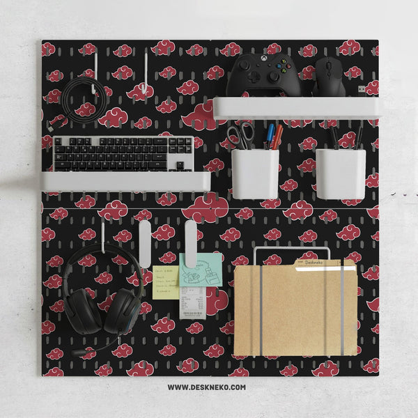 Black pegboard panels with red cloud pattern, shown with hooks, shelves, containers, clips, and a letter holder.