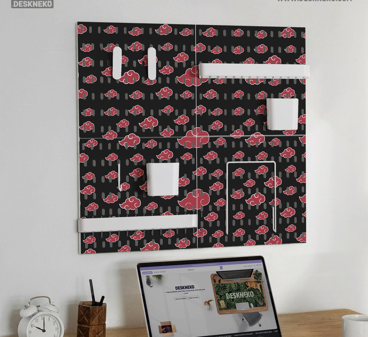 Black pegboard panels with red cloud pattern, shown with hooks, shelves, containers, clips, and a letter holder.
