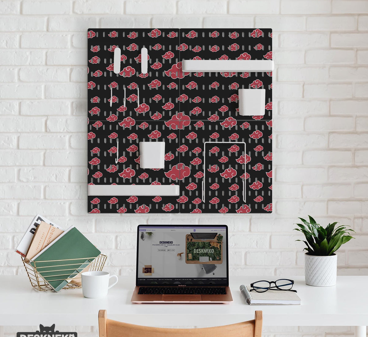 Black pegboard panels with red cloud pattern, shown with hooks, shelves, containers, clips, and a letter holder.