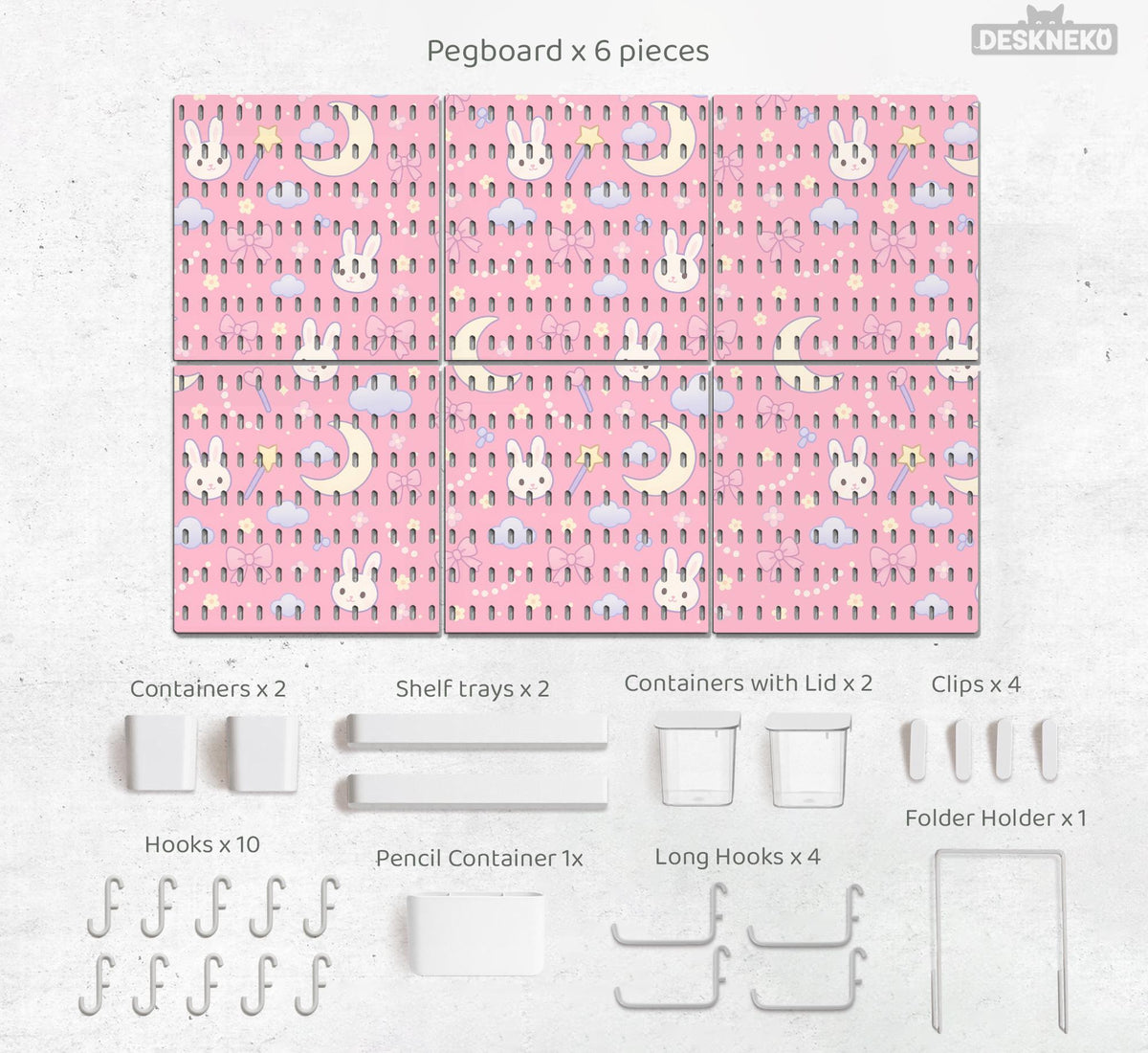 Pink pegboard panels with a kawaii bunny, cloud, moon, bow, and star pattern shown as a wall organizer set.
