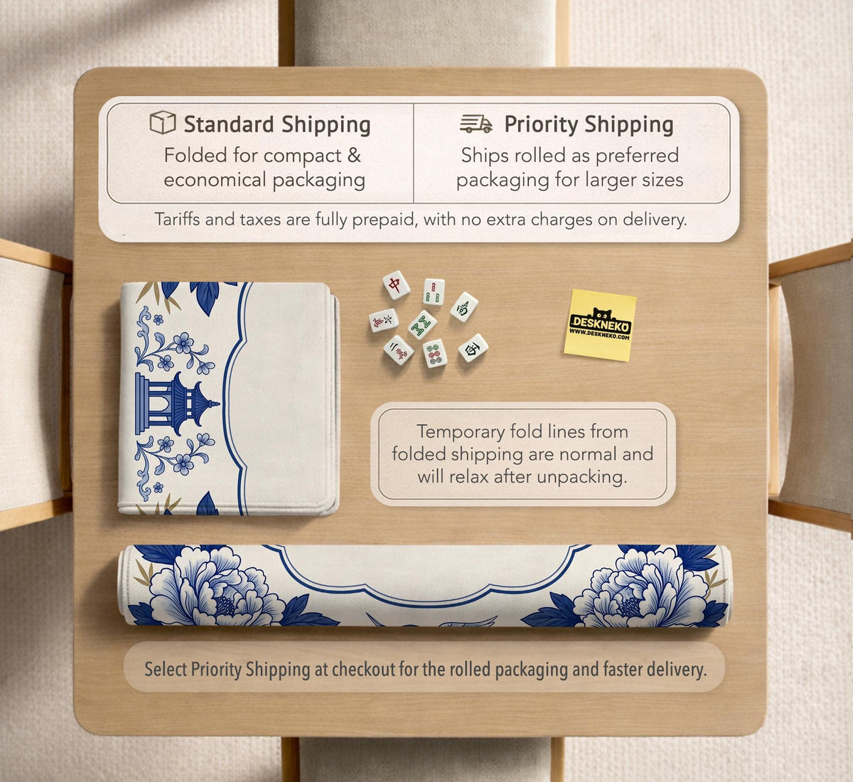 Blue and white mahjong mat with cranes, floral porcelain-style artwork, a cream center area, and a decorative border.
