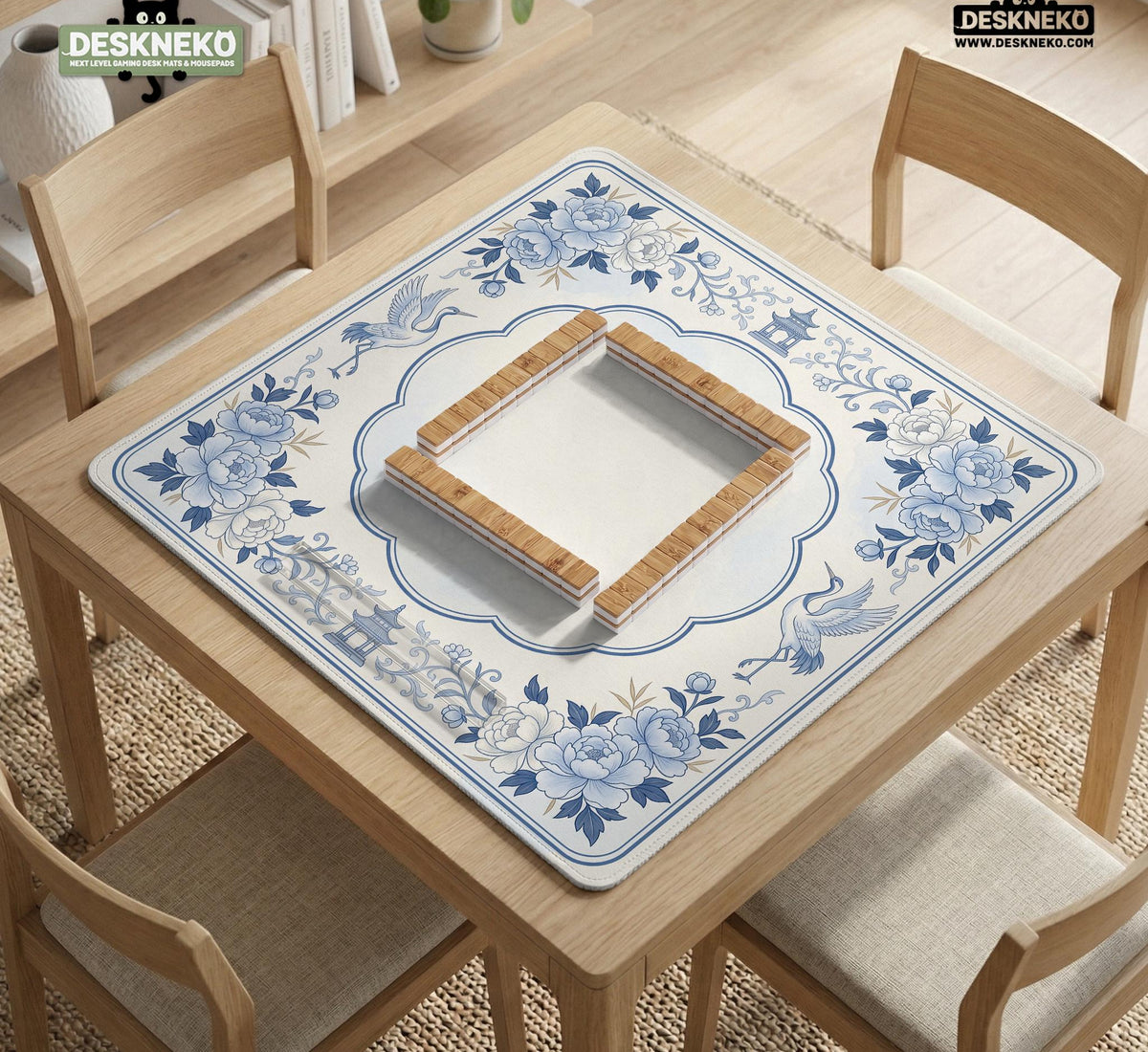 Square mahjong mat with a blue chinoiserie floral pattern on a light background.