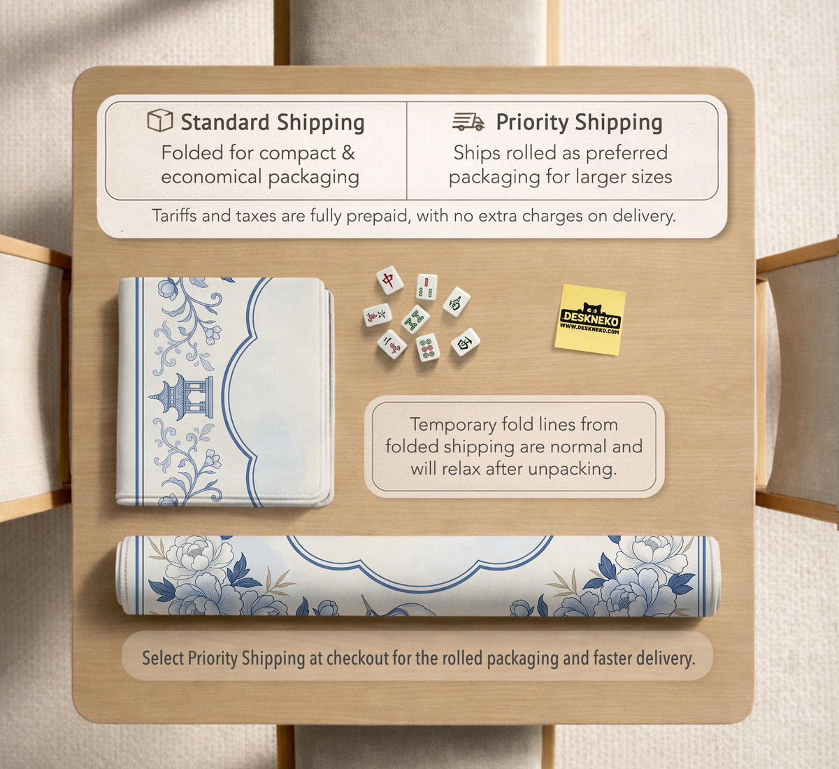 Square mahjong mat with a blue chinoiserie floral pattern on a light background.