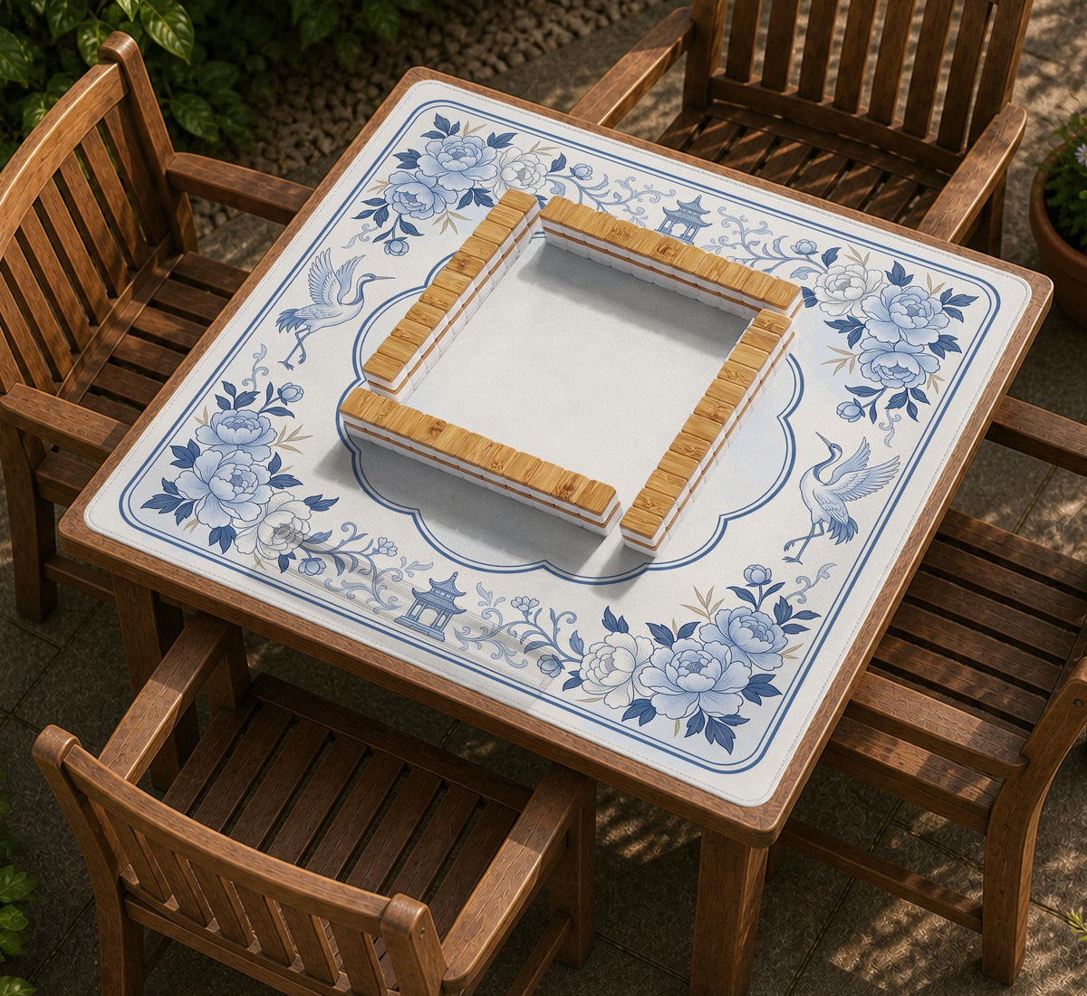 Square mahjong mat with a blue chinoiserie floral pattern on a light background.