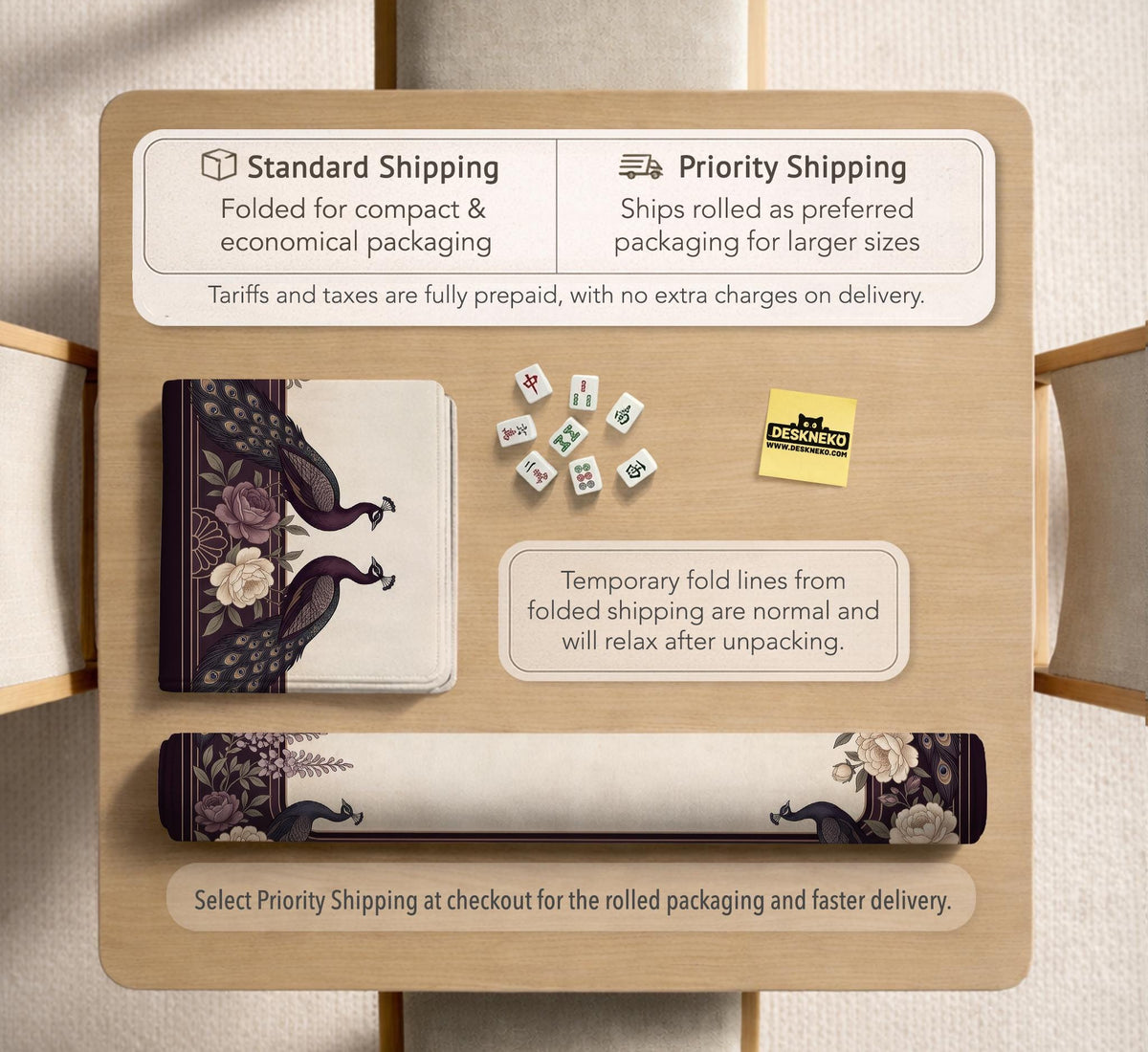 Square mahjong mat with a dark plum border, ivory floral pattern, muted sage leaves, and a decorative peacock garden design.