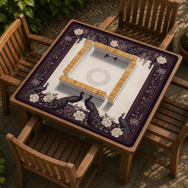 Square mahjong mat with a dark plum border, ivory floral pattern, muted sage leaves, and a decorative peacock garden design.