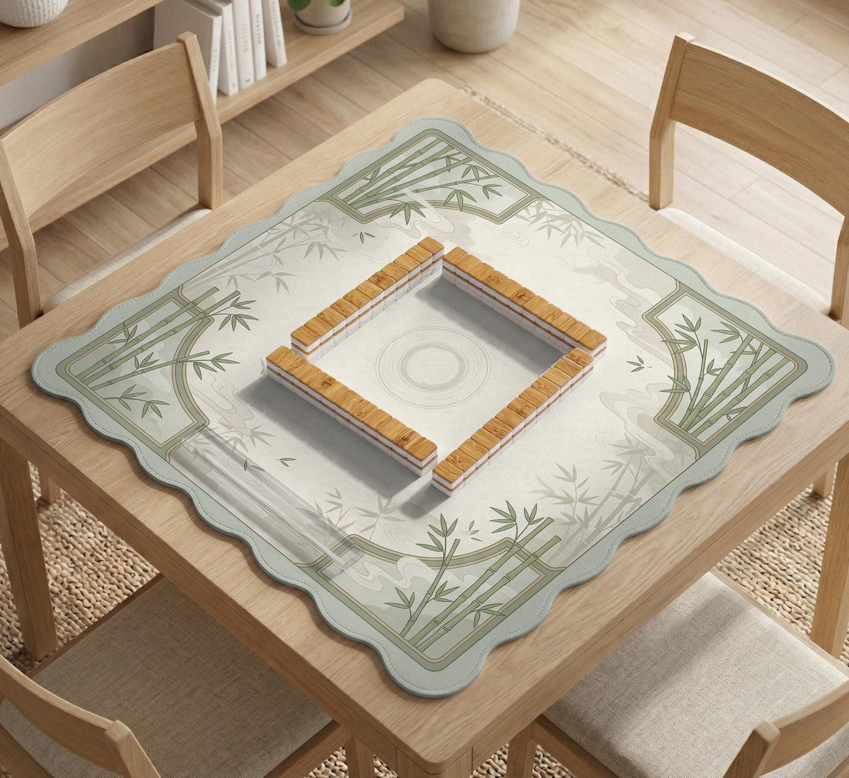 Square light green mahjong mat with bamboo stalks, soft ivory details, botanical shadows, mist lines, and a circular center design.