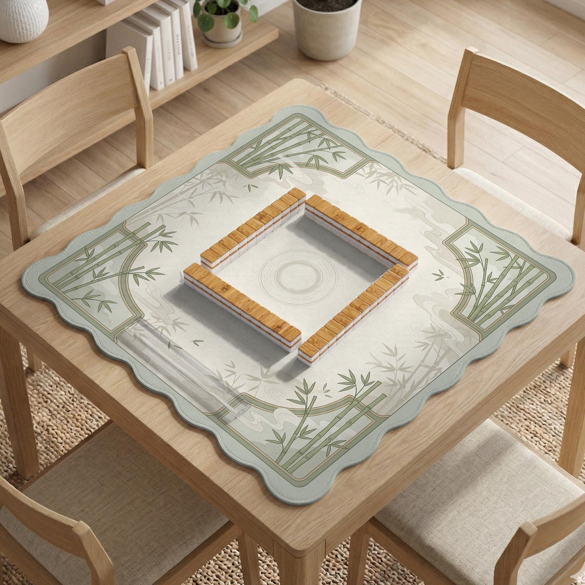 Square light green mahjong mat with bamboo stalks, soft ivory details, botanical shadows, mist lines, and a circular center design.