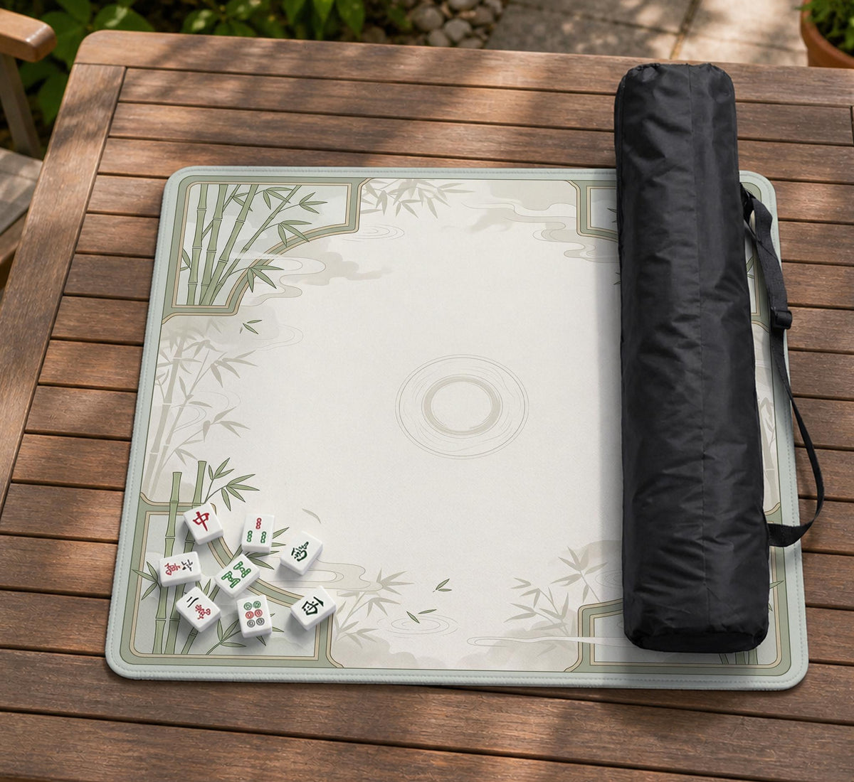 Square light green mahjong mat with bamboo stalks, soft ivory details, botanical shadows, mist lines, and a circular center design.