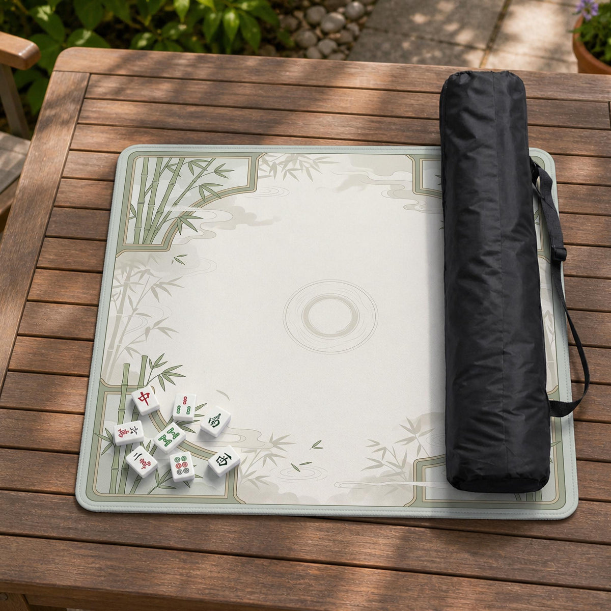 Square light green mahjong mat with bamboo stalks, soft ivory details, botanical shadows, mist lines, and a circular center design.