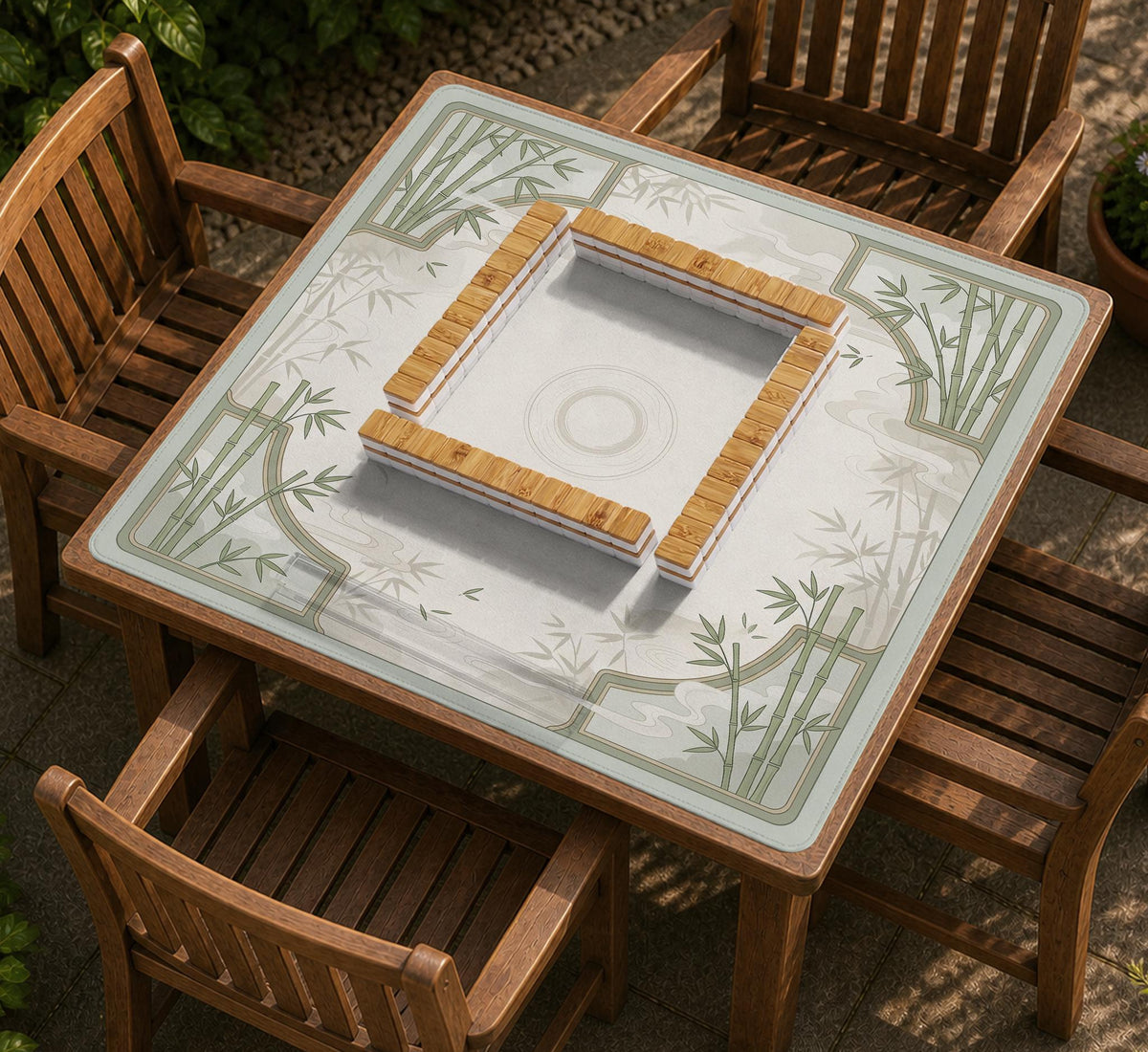 Square light green mahjong mat with bamboo stalks, soft ivory details, botanical shadows, mist lines, and a circular center design.