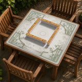 Square light green mahjong mat with bamboo stalks, soft ivory details, botanical shadows, mist lines, and a circular center design.