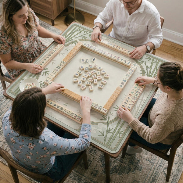 Square mahjong table mat with a pale cream center and green bamboo chinoiserie corners and border.