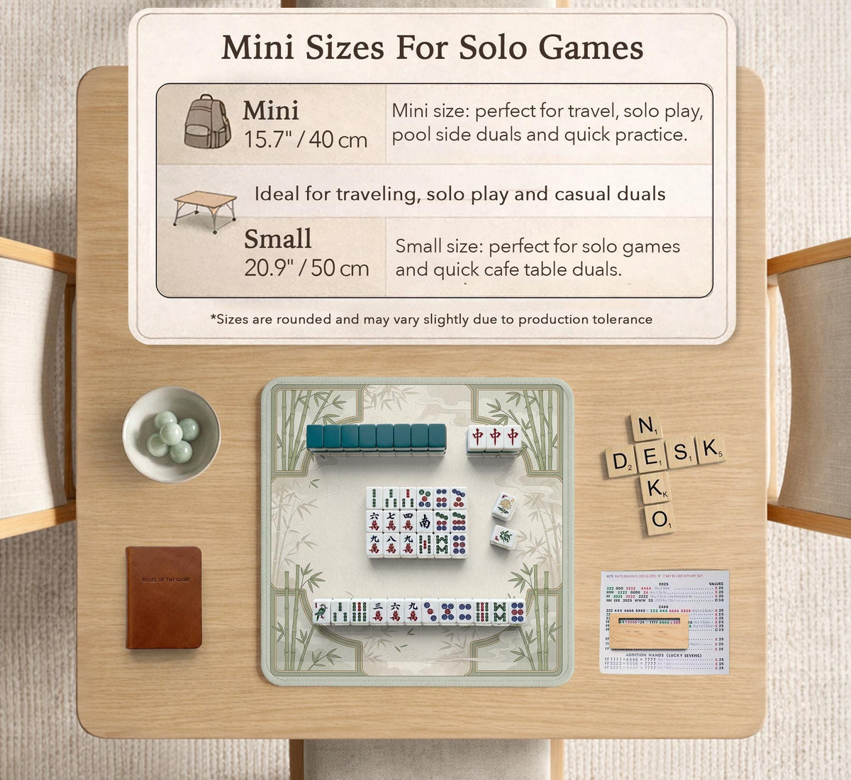 Square mahjong table mat with a pale cream center and green bamboo chinoiserie corners and border.