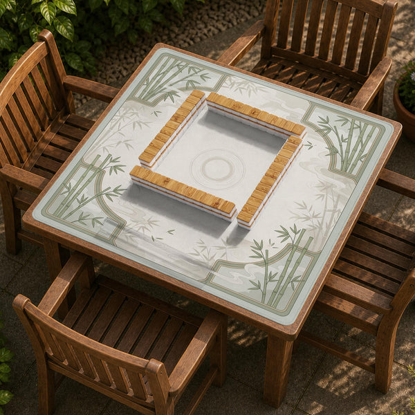 Square mahjong table mat with a pale cream center and green bamboo chinoiserie corners and border.