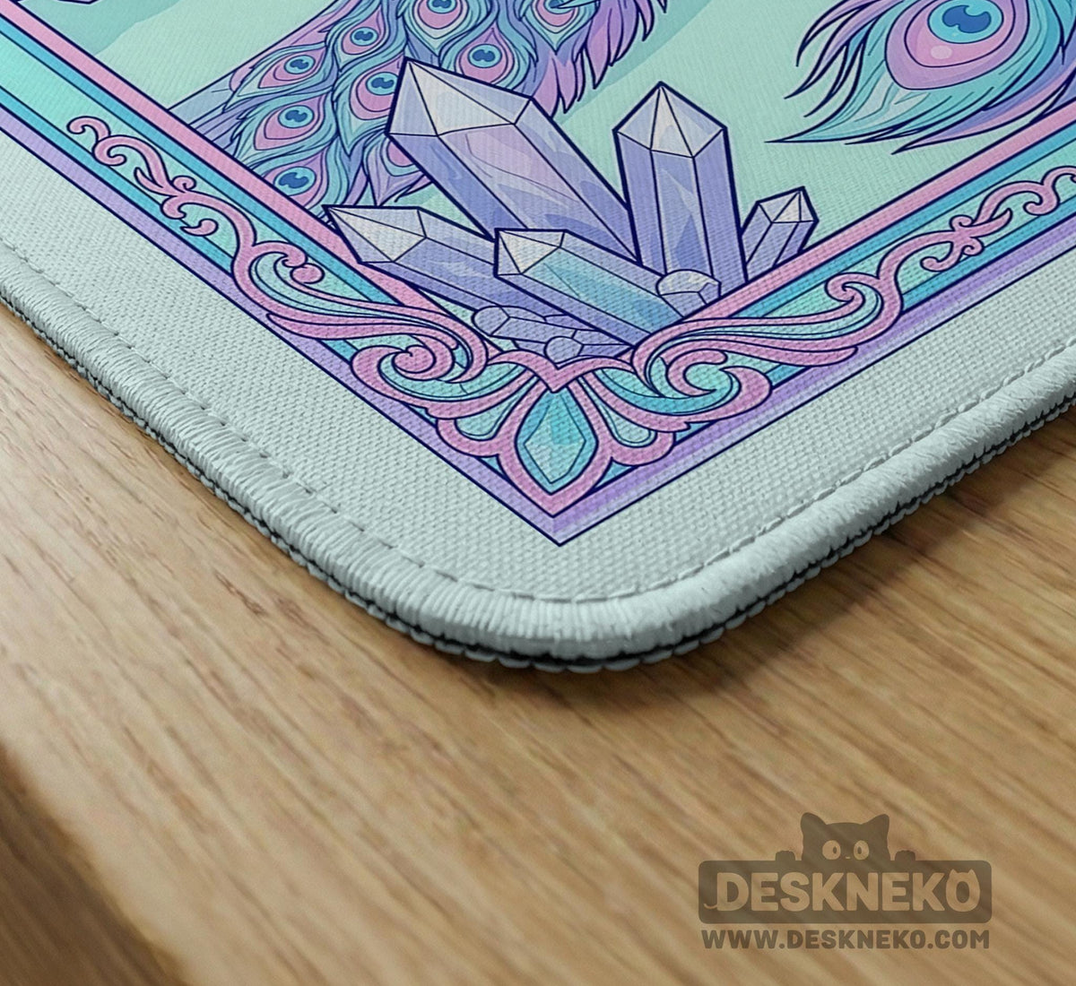 Pastel aqua mahjong table mat with peacock birds, pink flowers, pavilion details, and ornate floral linework.