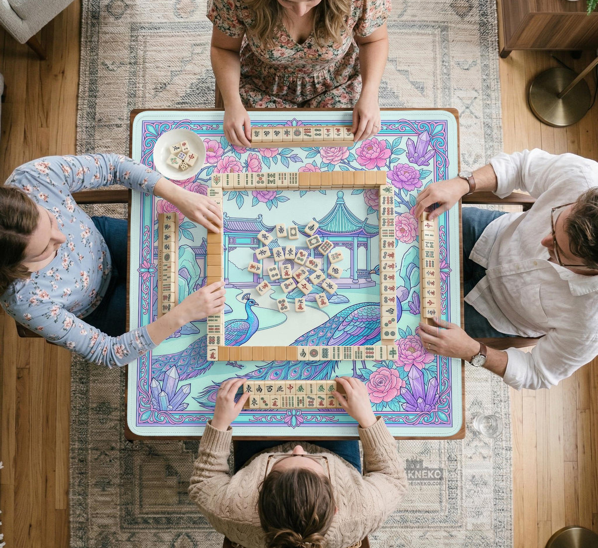 Pastel aqua mahjong table mat with peacock birds, pink flowers, pavilion details, and ornate floral linework.