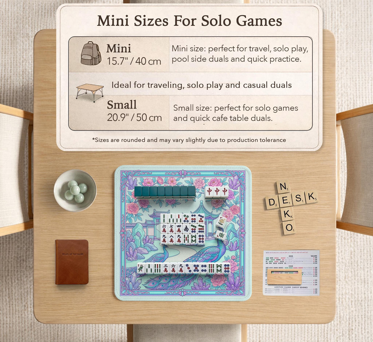 Pastel aqua mahjong table mat with peacock birds, pink flowers, pavilion details, and ornate floral linework.
